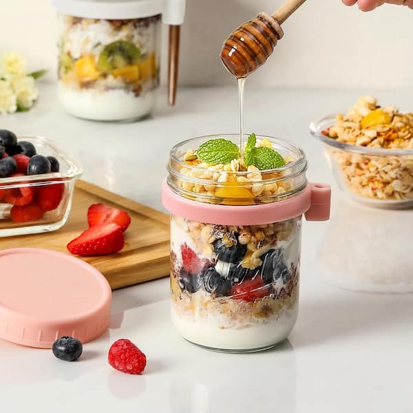 4-Pack Overnight Oats Containers with Spoons, Glass Mason Jars with Airtight Lids for Milk Cereal Fruit Storage