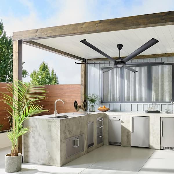 Mammoth 84 in. Smart Indoor/Outdoor Black Universal Mount Ceiling Fan with 12 in. Downrod 2700K LED Remote and Phone App