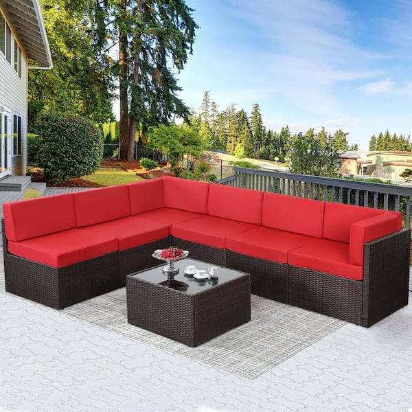Tenleaf 7-Piece Wicker Patio Conversation Set with Red Cushions