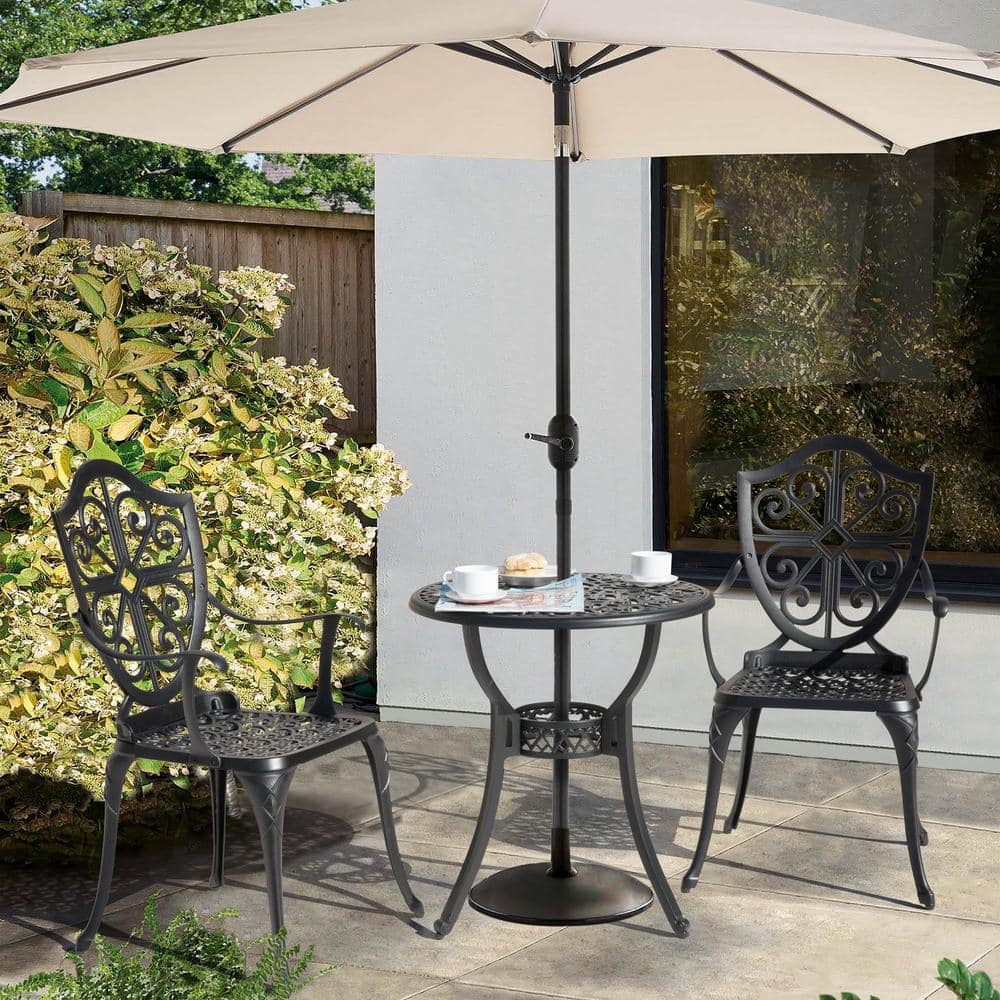Black Cast Aluminum 3-Piece Vintage Bistro Set with Floral Design