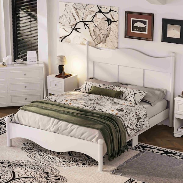 Polibi White Frame Queen Platform Bed with Wooden Slat Support