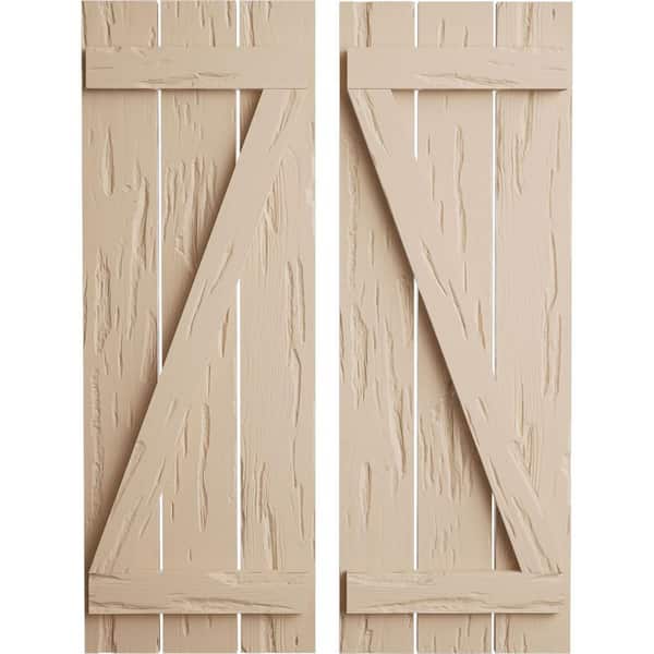 Ekena Millwork 17.5 in. x 76 in. Timberthane Polyurethane 3-Board Spaced Board-n-Batten Pecky Cypress Faux Wood Shutters w/Z-Board Pair