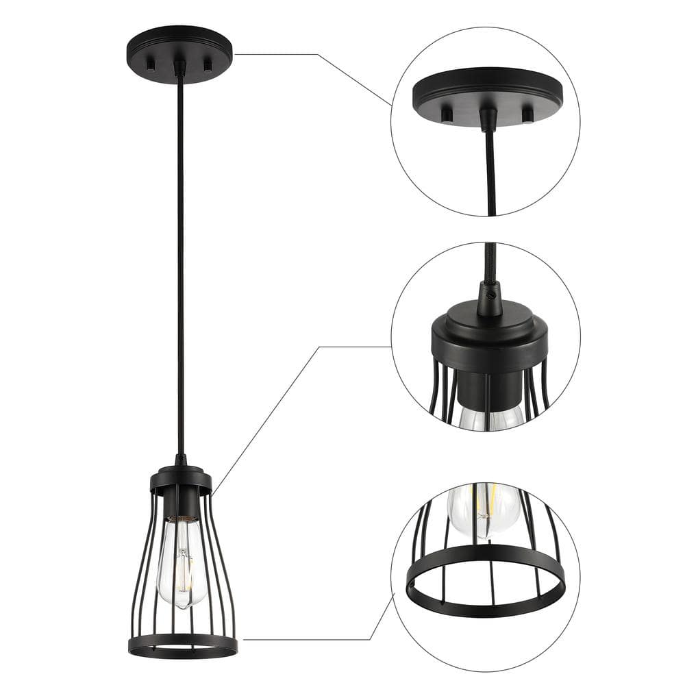 Matte Black Mini Cage Pendant Light with Glass Shade