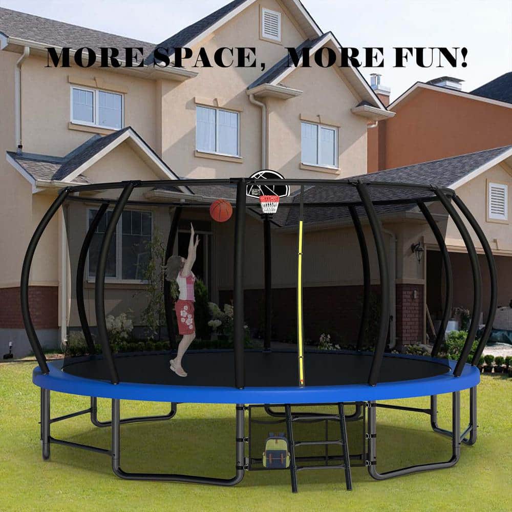16 ft Round Blue Heavy Duty Outdoor Trampoline with Anti-Rust Coating