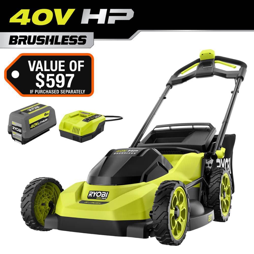 RYOBI 40V HP Brushless 20 in. Cordless Battery Walk Behind Push Lawn Mower with 6.0 Ah Battery and Charger RY40HPLM06K