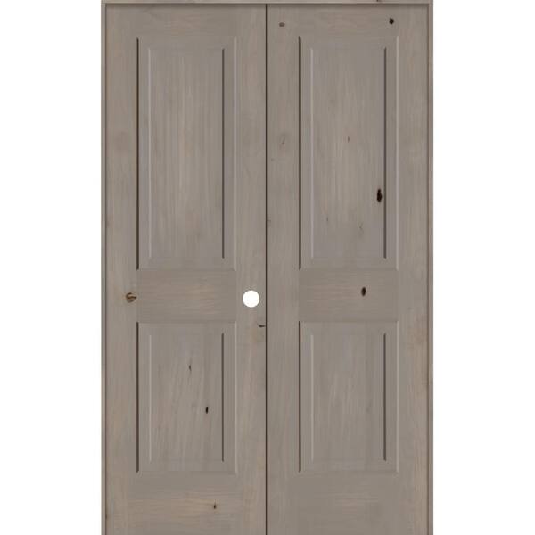 Krosswood Doors 48 in. x 80 in. Rustic Knotty Alder 2-Panel Left-Handed Grey Stain Wood Double Prehung Interior Door with Square-Top