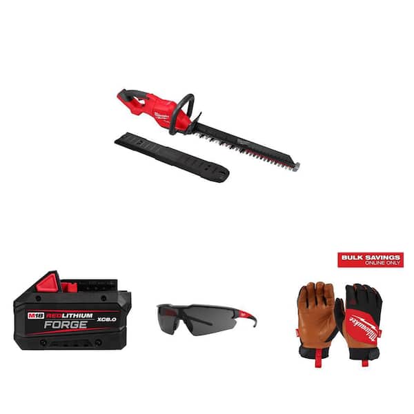 M18 FUEL 24 in. Hedge Trimmer, 18V 8.0 Ah Battery, Safety Glasses (3-Pack) and XX-Large Work Gloves