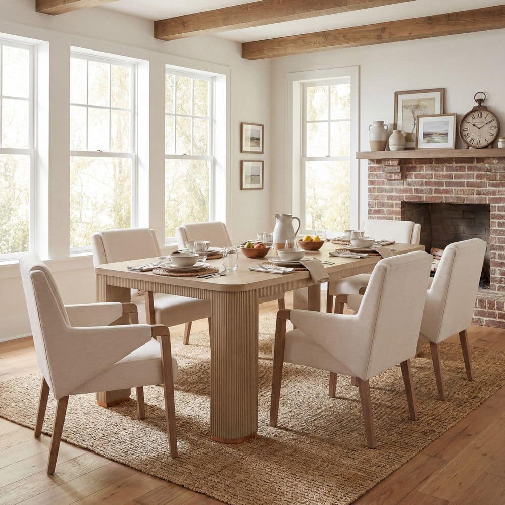 Dora 7-Piece Wood Top Dining Set with Beige Fabric Upholstered Dining Chairs, Light Ash Dining Table, Seats 6