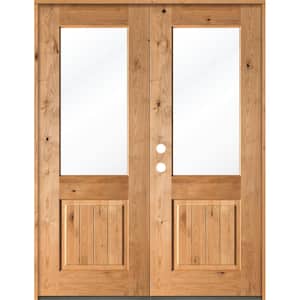 64 in. x 96 in. Rustic Knotty Alder Clear Half-Lite Clear Stain Wood/V-Groove Right Active Double Prehung Front Door