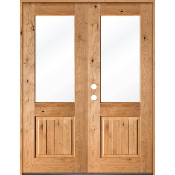 Krosswood Doors 72 in. x 96 in. Rustic Knotty Alder Clear Half-Lite clear stain Wood/V-Groove Right Active Double Prehung Front Door