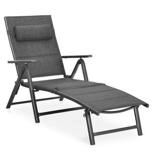 Reclining Metal Outdoor Chaise Lounge Padded Aluminum Folding Adjust Chair with Pillow Gray
