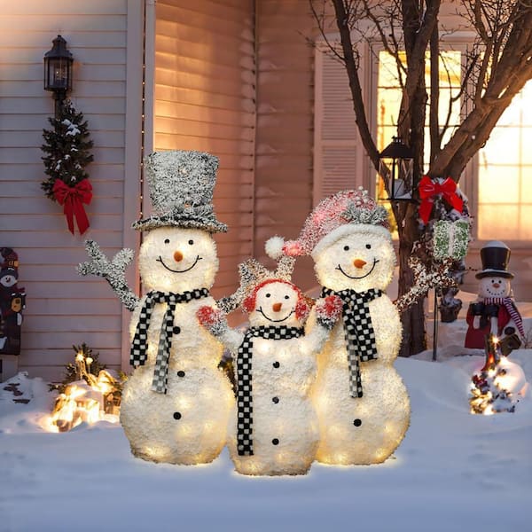 LuxenHome 46 in. 3-Piece Lighted Snowman Family, White Tinsel