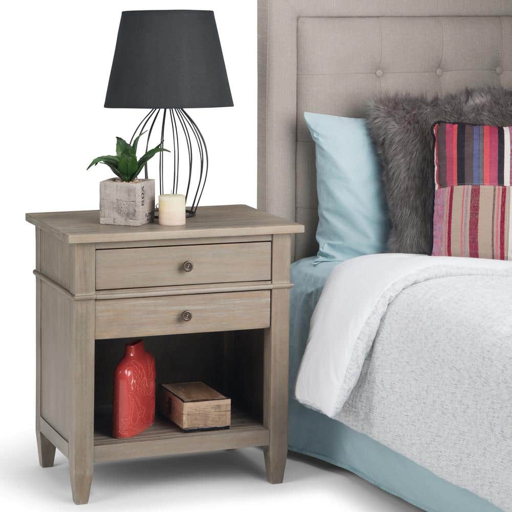 Distressed Gray Solid Wood 2-Drawer Nightstand with Open Shelf