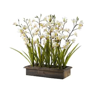 Artificial Indoor Cream Cymbidium Orchids in Rectangle Metal Planter