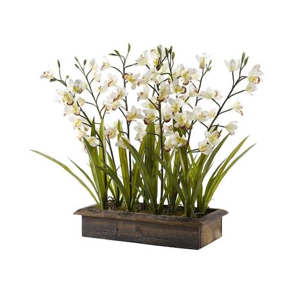 D&W Silks Artificial Indoor Cream Cymbidium Orchids in Rectangle Metal Planter