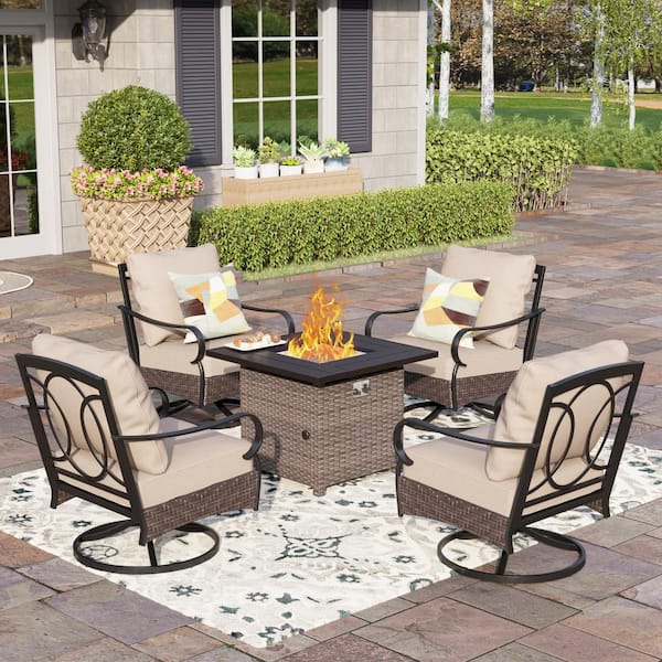 PHI VILLA Brown Rattan Wicker 4 Seat 5-Piece Steel Outdoor Fire Pit ...