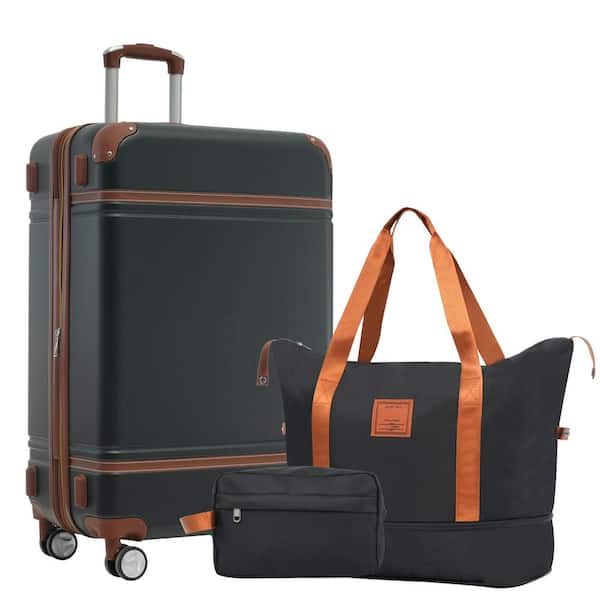 3-Piece Black ABS Hardshell Double Spinner 24in. Luggage Set with an Expandable Travel Duffel Bag, a Toiletry Bag