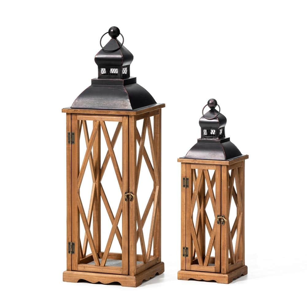 Glitzhome Farmhouse Diamond Multi Wood/ Metal Antique Lanterns Set of 2 ...