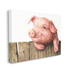 "Piglet on Wooden Fence Pink Farm Animal" by George Dyachenko Unframed Animal Canvas Wall Art Print 16 in. x 20 in.