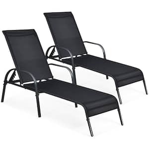 2-Piece Metal Adjustable Outdoor Chaise Lounges Chairs with Adjustable Reclining Armrest in Black