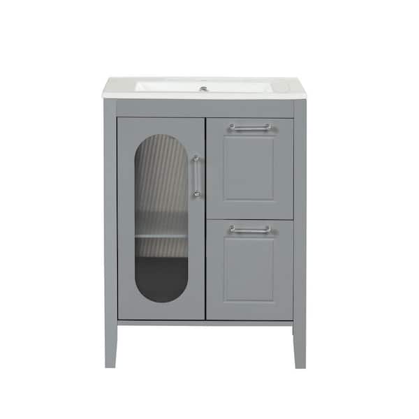 24 in. Single Sink Freestanding Gray Bath Vanity with White Ceramic Top, Adjustable Shelves, 2 Drawers