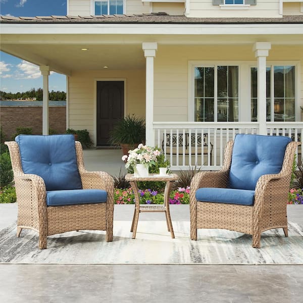 Gymojoy Carolina 3-Piece Wicker Patio Conversation Set with Blue Cushions