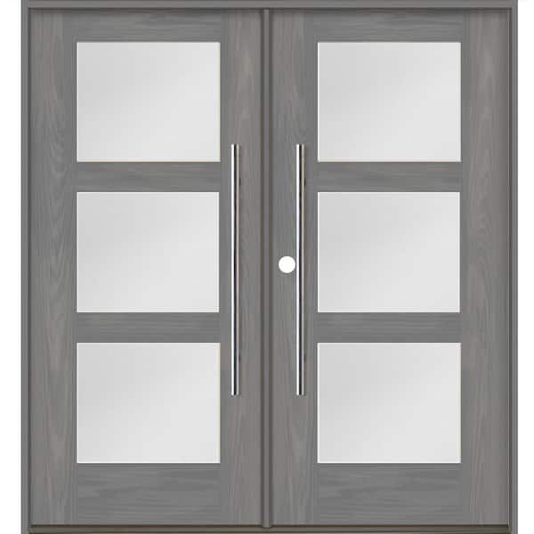 Krosswood Doors Faux Pivot 72 in. x 80 in. Right-Active/Inswing 3Lite Satin Glass Malibu Grey Stain Double Fiberglass Prehung Front Door
