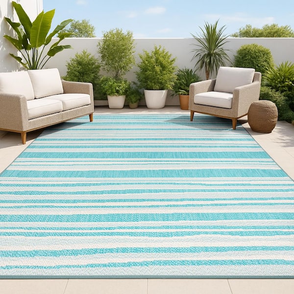 Castara Wavy Stripe Modern Aqua/Cream 8 ft. x 10 ft. Indoor/Outdoor Area Rug