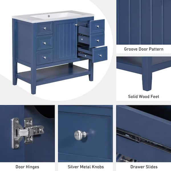 LuckByte 36 in. Blue Wood Rectangle Vessel Sink Bathroom Vanity