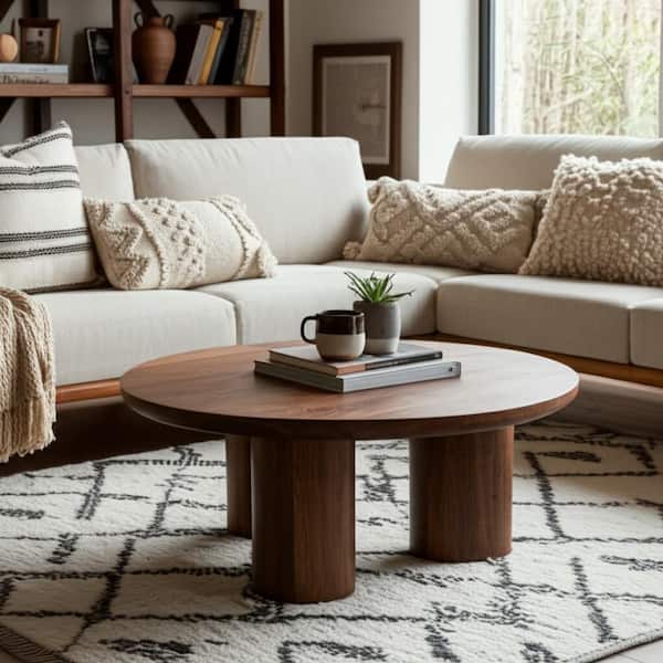 36 in. Dark Brown Round Wood Scandinavian Coffee Table with Cylindrical Legs