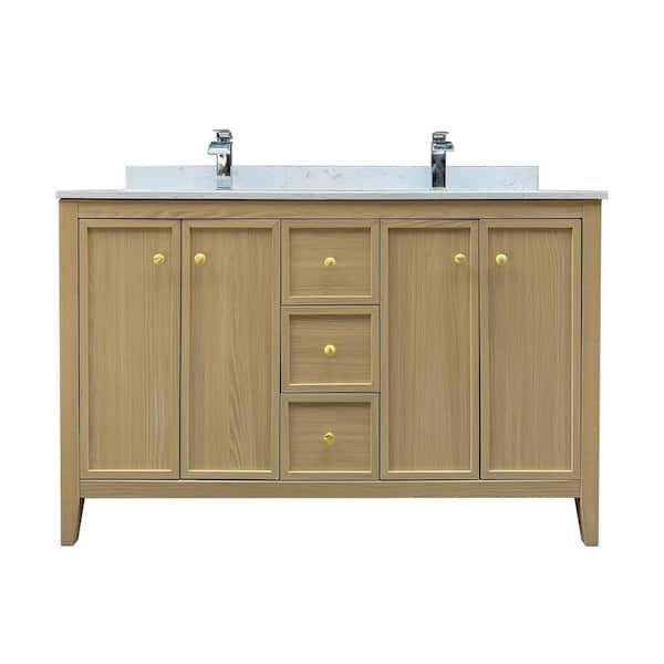54 in. W x 22 in. D x 35 in. H Double Sink Bath Vanity Cabinet in Oak with Calacatta Cultured Marble Top