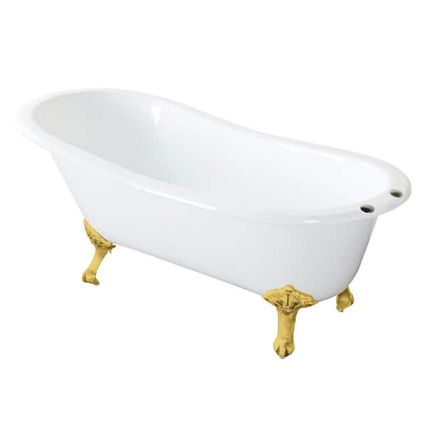 Tazatina 53.9 in. x 30.3 in. Cast Iron Oval Clawfoot Soaking Bathtub in White/Brushed Brass