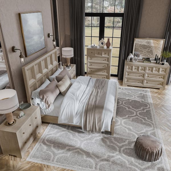 Flonnin 6-Piece Tawny Wood Frame King Panel Bedroom Set with Oversized Nightstand and Felt-Lined Top Drawers