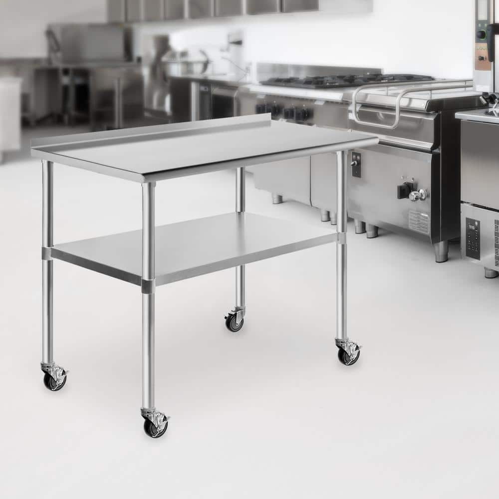 48" Stainless Steel Work Table with Backsplash and Wheels