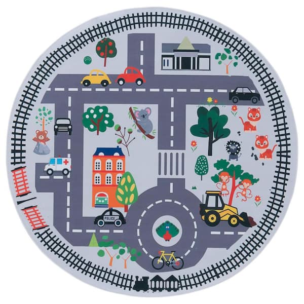 Tacoma Kids 5 ft. x 5 ft. Ivory/Gray Animal Town Round Area Rug