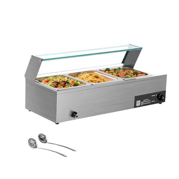 Commercial Food Warmer, 1500W Electric Stainless Steel Steam Warmer with Glass Lid, 3-Pan Countertop Buffet Bain Marie