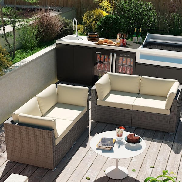 Gardenbee 4-Piece Wicker Outdoor Patio Sectional Sofa Conversation Set with Beige Cushions