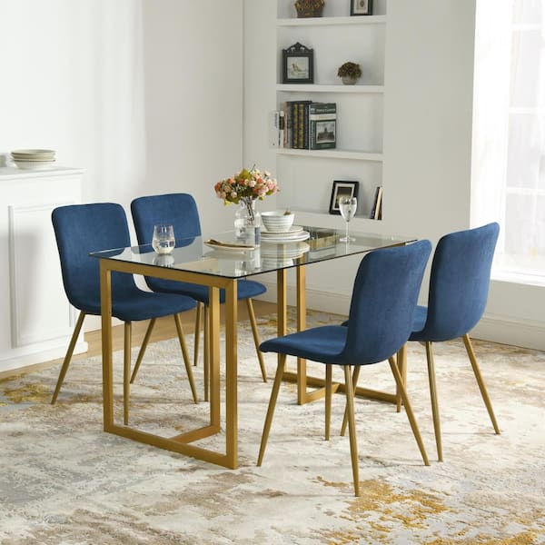 Homy Casa Blue 5-Piece Elegant Dining Set with Tempered Glass Top Gold Leg Table and Fabric Upholstered Chairs (Seat-4)