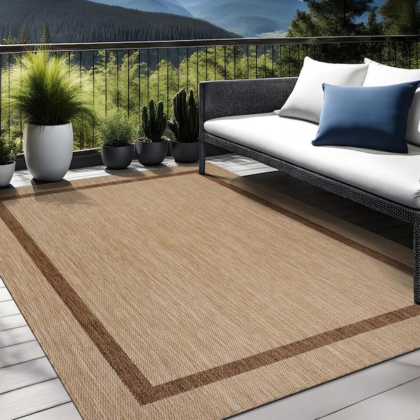 Waikiki Beige/Brown 10 ft. x 14 ft. Bordered Indoor Outdoor Area Rug