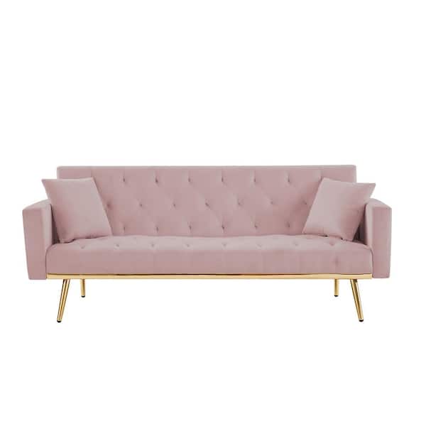Unbranded 73.2 in. Pink Velvet Upholstered Button-Tufted Twin Size Loveseat Convertible Folding Futon Sofa Bed with 2-Pillows