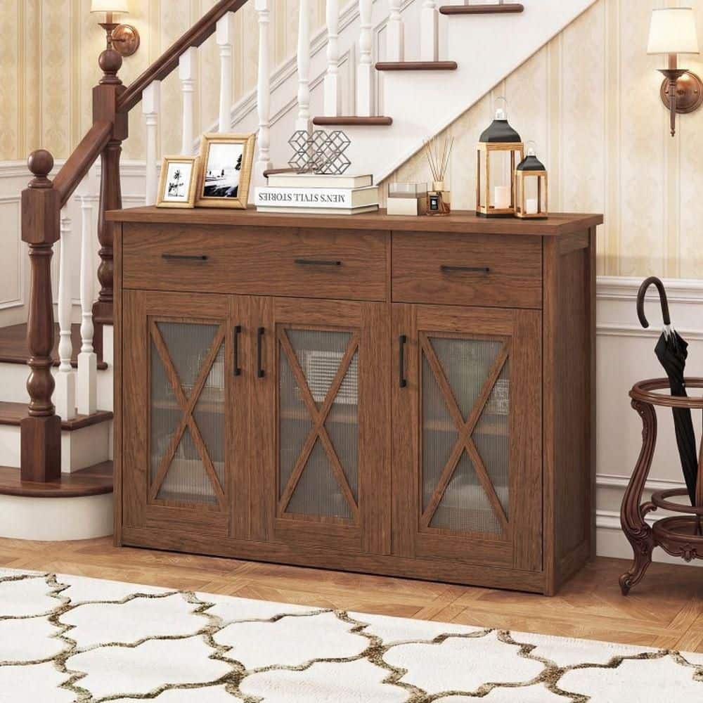 Brown MDF Farmhouse Buffet with Barn Doors, Adjustable Shelves