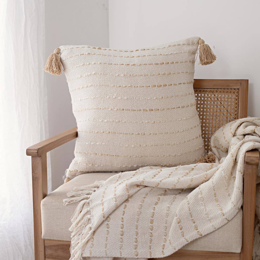 Beige Striped Hand-Woven Cotton Blend Square Throw Pillow