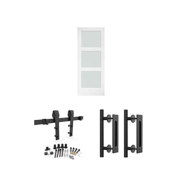 32 in. x 84 in. Frosted Glass Barn Door, 72 in. Hardware Kit and 12 in. Handle Pull (2-Pack)