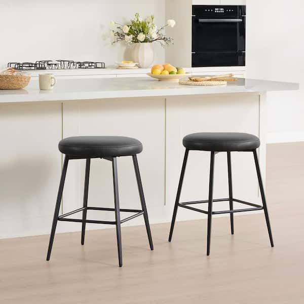 Nolan 24 in.H Black Faux Leather Metal Frame Swivel Counter Height Bar Stool with Round Seat for Kitchen Set of 2