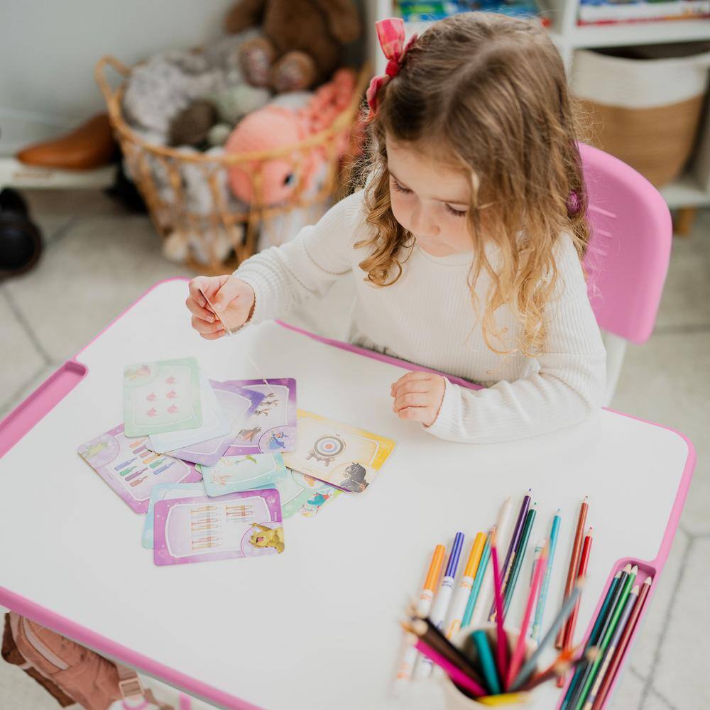 Pink Adjustable Height Kids Desk and Chair Set with Storage Drawer