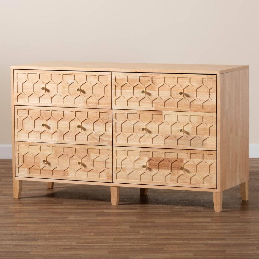 Natural Rubberwood 6-Drawer Honeycomb Dresser with Cone Legs