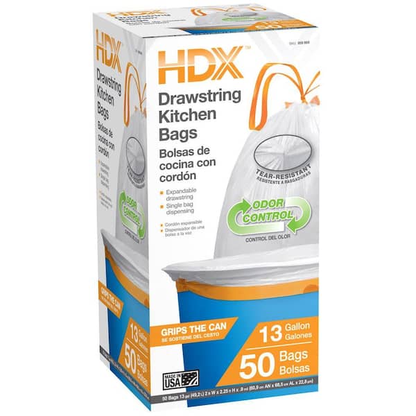 HDX 13 Gal. Embossed Expandable Odor Control Drawstring Kitchen Trash Bags (50 Count)