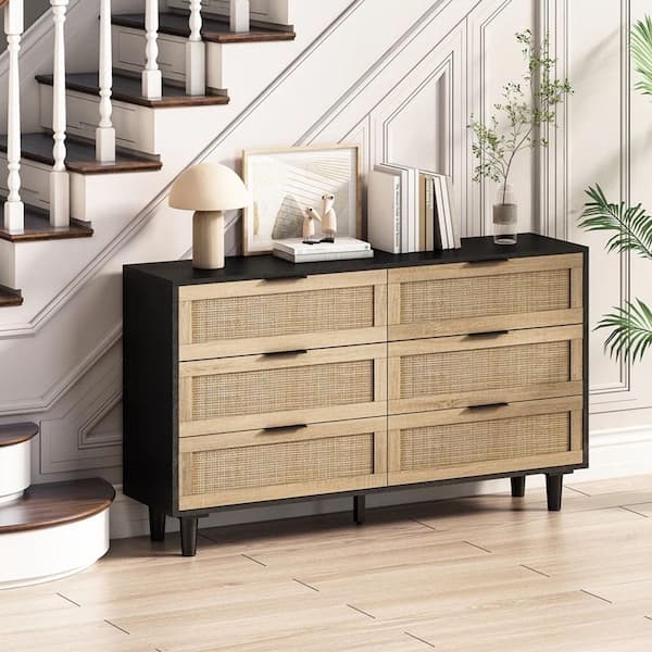 Angel Sar Black Rattan 6-drawer 43 in. W Dresser without Mirror