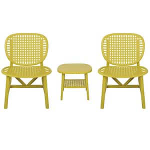 Yellow 3-Piece Hollow Design Plastic Patio Conversation Bistro Set with Open Shelf and Lounge Chairs with Widened Seat