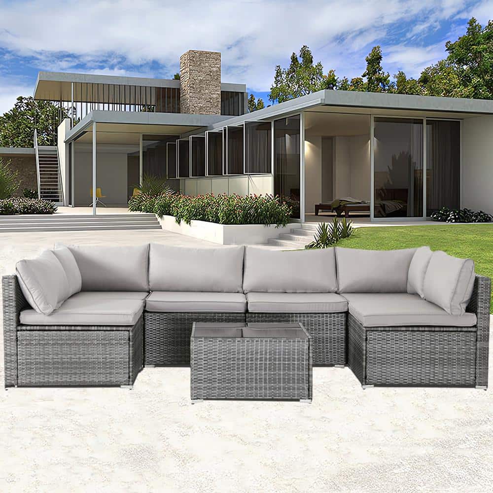 7-Piece Gray Wicker Outdoor Sectional Set Patio Conversation Set with Gray 